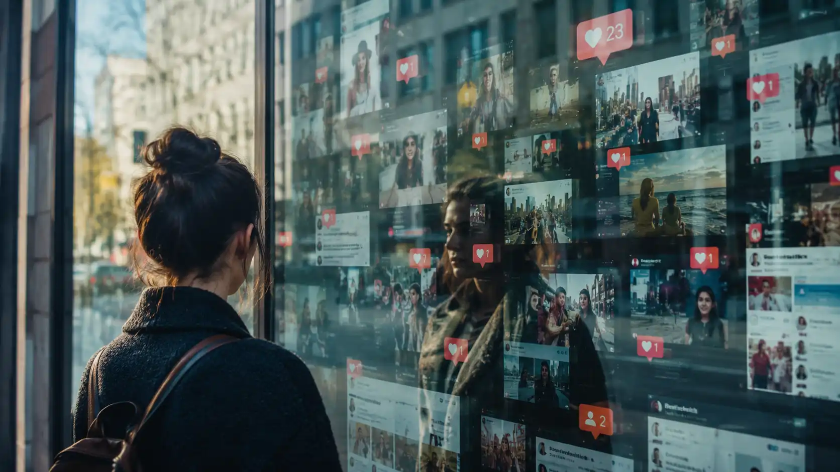 Illustration réaliste des effets des réseaux sociaux sur la confiance en soi et l’estime personnelle
