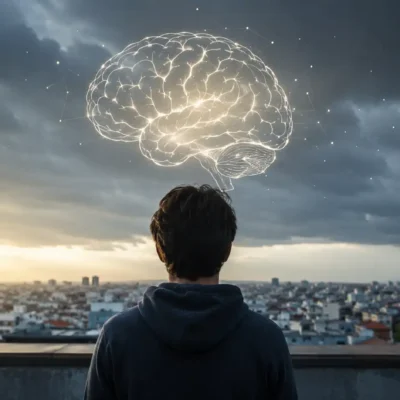 Illustration réaliste du cerveau humain sous pression et des effets du stress sur l’apprentissage et la mémoire