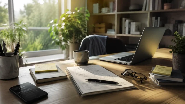 Bureau moderne illustrant la fatigue mentale et le burnout malgré le repos dans un environnement calme et lumineux.