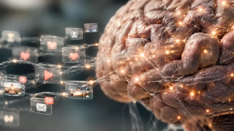 Illustration réaliste du cerveau humain attiré par les récompenses rapides et les stimulations numériques modernes