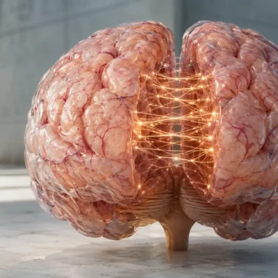cerveau humain en coupe, latéralisation cérébrale, hémisphères gauche et droit, illustration éditoriale réaliste en lumière naturelle.