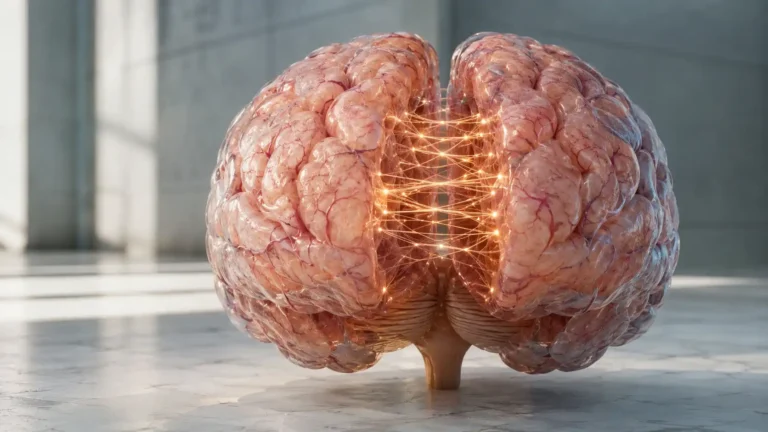 cerveau humain en coupe, latéralisation cérébrale, hémisphères gauche et droit, illustration éditoriale réaliste en lumière naturelle.
