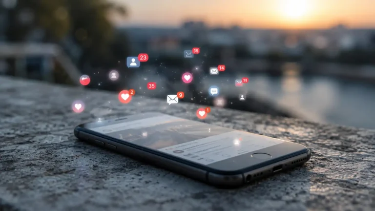 Illustration réaliste montrant l’impact des réseaux sociaux sur l’anxiété et la surcharge mentale moderne