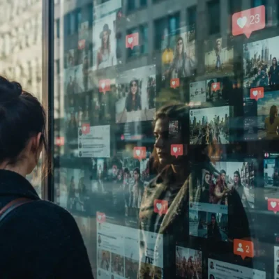 Illustration réaliste des effets des réseaux sociaux sur la confiance en soi et l’estime personnelle