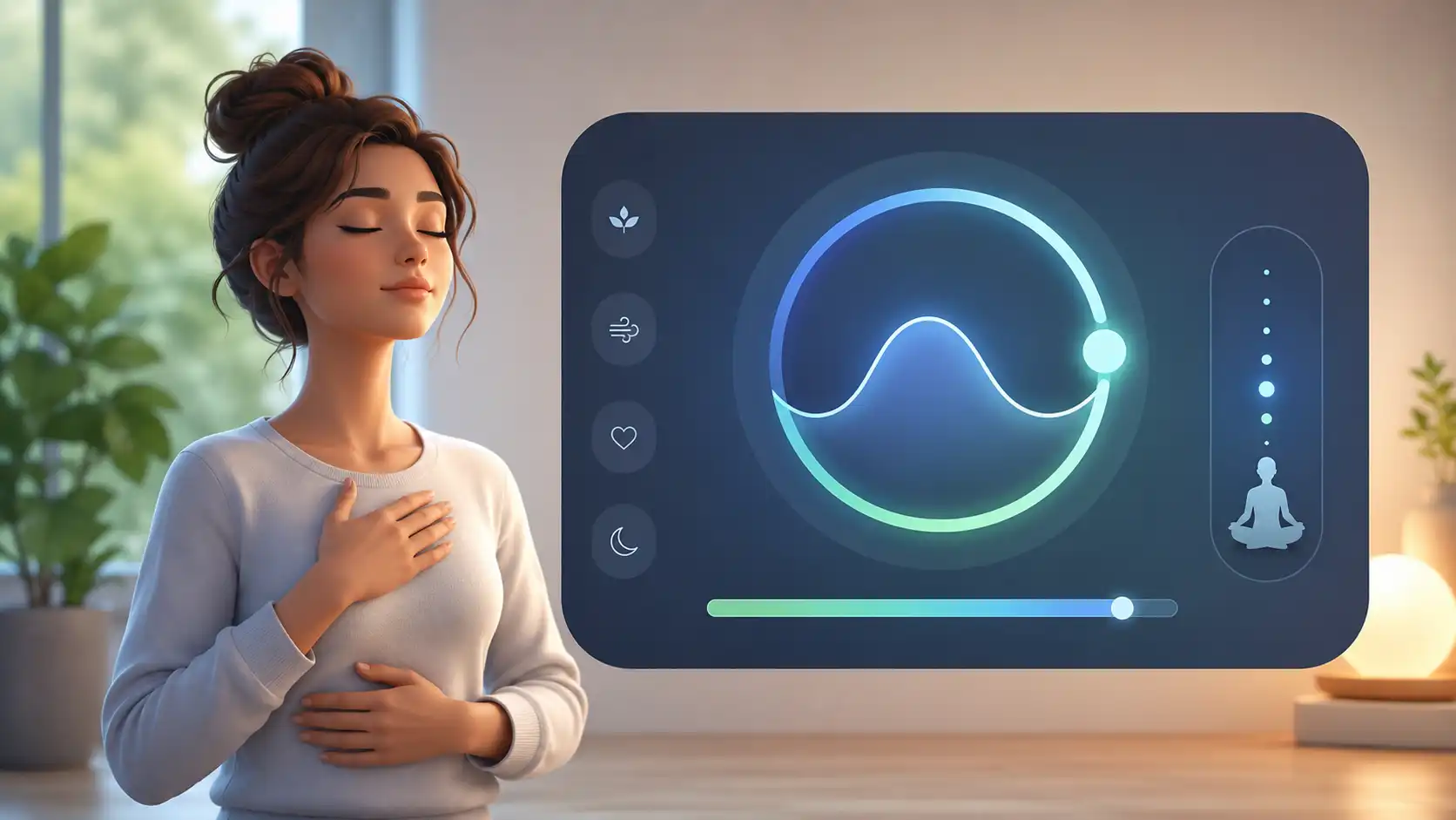Illustration d’un coach de respiration guidée avec animation circulaire apaisante pour réduire le stress, améliorer la concentration et favoriser la relaxation.