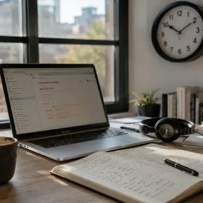 Personne concentrée travaillant efficacement sous pression dans un environnement calme et moderne.
