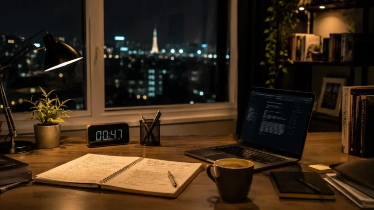 Bureau calme de nuit illustrant la concentration et la réflexion mentale nocturne