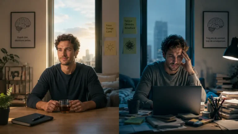 Comparaison réaliste entre sommeil suffisant et manque chronique de sommeil chez un adulte travaillant tard le soir.