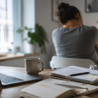 Illustration réaliste du stress chronique et de la fatigue physique persistante après une période de tension mentale.