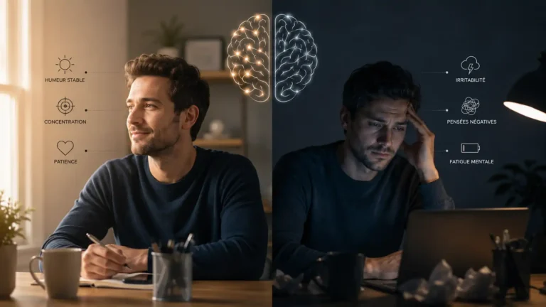 Illustration réaliste montrant comment le manque de sommeil influence les émotions et le comportement humain.