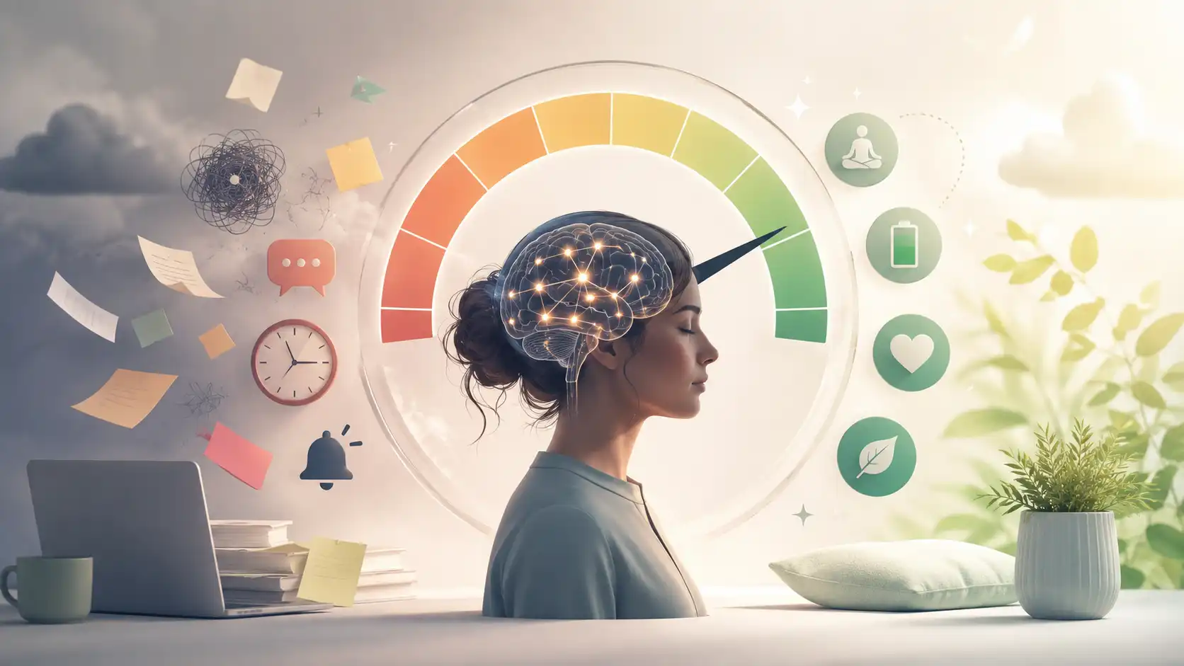 Illustration d’un test de stress et fatigue mentale avec jauge cognitive, surcharge mentale et recherche d’équilibre.