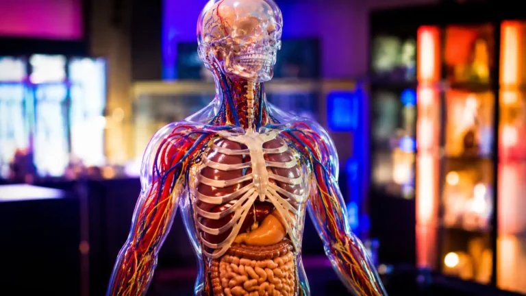 Représentation réaliste et spectaculaire du corps humain montrant le squelette, les organes et le réseau vasculaire dans des couleurs néon vives, sur un fond futuriste lumineux évoquant l’anatomie et la médecine moderne.